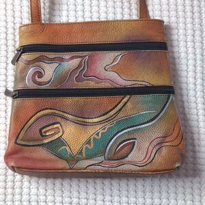 Anuschka Hand Painted Abstract Art Leather Crossbody Handbag Purse